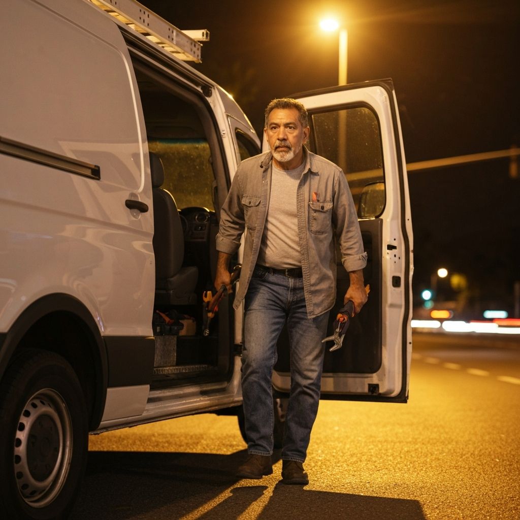 Emergency HVAC technician responding at night